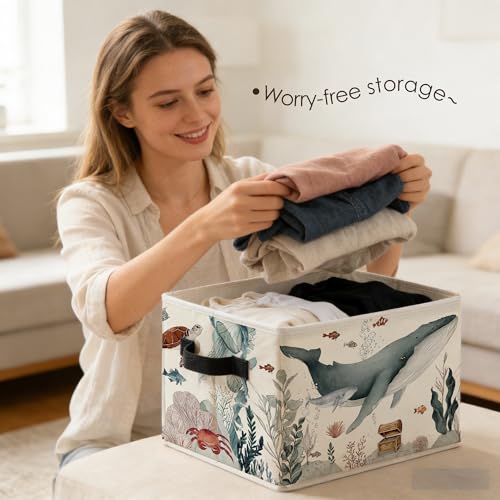 Coastal Beach Ocean Whale Storage Bins Box with Handles, Marine Biology Sea Animal Plant Foldable Basket Toybox for Kids Room Nursery Bedroom Bathroom Home Clothes Toys Books - color: color-8