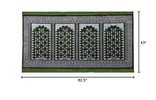 Modefa Turkish Islamic Prayer Rug - Multi Person Janamaz Sajada for Family or Large Gathering & Group Praying Carpet - Wide Plush Velvet Praying Mat (Green Arch - 4 Person)