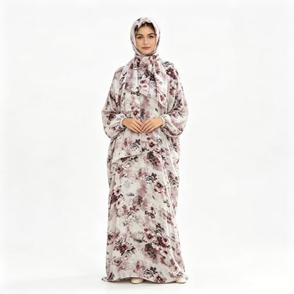Floral Print Abaya with Matching Scarf, Long Sleeve Loose Modest Maxi Dress for Women, Breathable