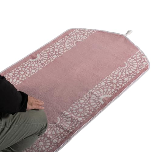 Modefa Turkish Islamic Prayer Mat - Chenille with Foam and Carrying Bag - Intricate Praying Rug Ramadan Eid Gift - Traditional Muslim Janamaz Seccade for Men Women - Mustaqim (Rose Pink) - color: Rose Pink