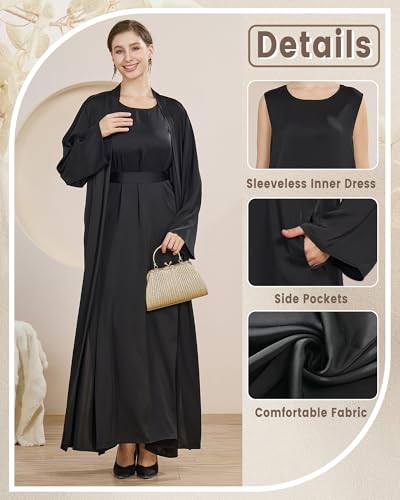 2PCS Muslim Abaya Women Islamic Dress with Belted Prayer Covered Eid Clothes - color: Black, size: Large