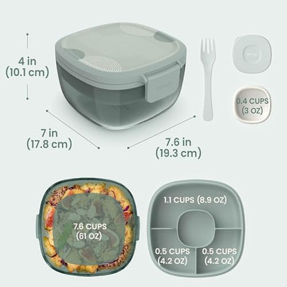Bentgo Glass Prints Salad Container - 7.6-Cup Tinted Glass Salad Bowl with Airtight Lid, Leak-Proof Sauce Container, 4-Compartment Bento Meal Prep Tray & Reusable Fork (Mod Curve - Serene Green) - color: Mod Curve - Serene Green