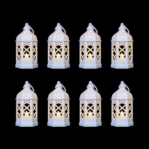 8-Pack Mini Lanterns for Ramadan, Wedding,Halloween,Christmas, Small Decorative Lanterns with LED Candle for Baby Shower Party, Moroccan Lantern for Table Centerpiece, Medieval Decor, White - color: White