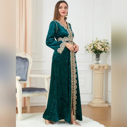 IDOPIP Muslim Women Velvet Dress Embroidery Abayas Long Sleeve V-Neck Moroccan Maxi Kaftan Dubai Robe Arabic Islamic Clothing - color: Dark Green, size: XX-Large
