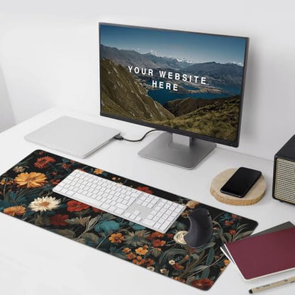 XXL Gaming Mouse Pad 35.4 x 15.7 Inch, Large Floral Desk Mousepad with Vintage Botanical Design, Water-Resistant, Stitched Edges, Non-Slip Rubber Base Desk Mat for Gaming & Office