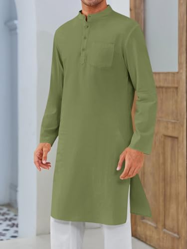 Gafeng Mens Kaftan Robe Button Down Long Sleeve Henley Cotton Thobe Casual Side Split Gown Shirt - color: Army Green, size: X-Large