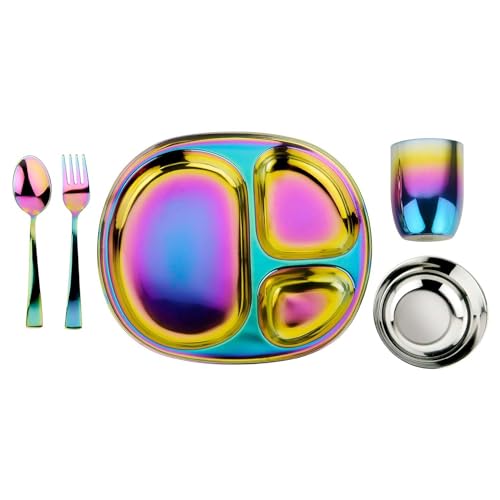 Ahimsa Stainless Steel Kids Dinnerware Set, Rainbow, 5-Piece Set - color: Rainbow / 5 Piece Set