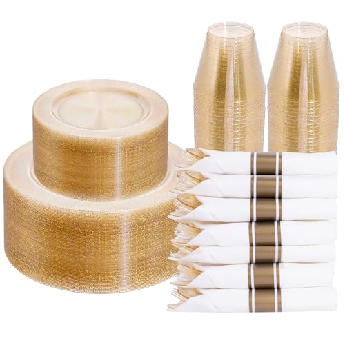 DaYammi 210PCS Gold Glitter Plastic Dinnerware Set for 30 Guests - color: A Glod Glitter, size: 210PCS（30 Guests）