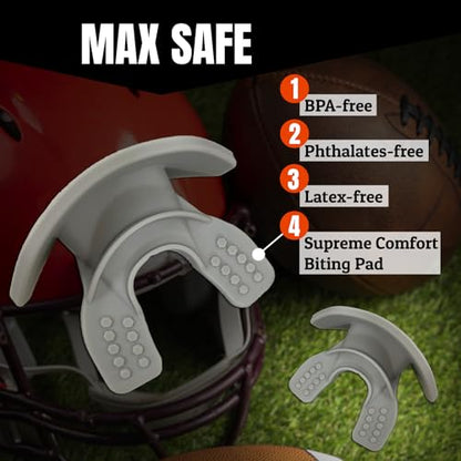 O Shield Core Football Mouth Guard, Detachable Strap | Football Mouth Guard with Detachable Strap — No-Boil Ready Fit, BPA-Free, Brace-Friendly, Includes Carrying Case - color: Grey/Silver