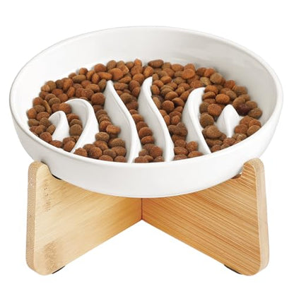 PETTOM Slow Feeder Cat Bowl Elevated Ceramic with Bamboo Stand, Raised Pet Puzzle Dishes for Indoor Cats Small Dog, Anti Vomit Cat Bowl for Wet & Dry Food - color: White-fishbone