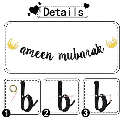 Ameen Party Decorations - Ameen Mubarak Banner - Eid Muslim Islam Party Decoration Black Glitter