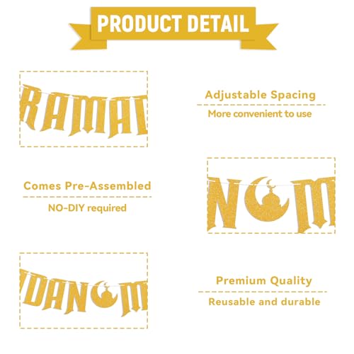 Ramadan Mubarak Banner - Happy Eid Decor, Ramadan Decorations for Home Umrah Mubarak Decorations Eid Festival Party Decorations Gold Glitter