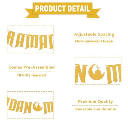 Ramadan Mubarak Banner - Happy Eid Decor, Ramadan Decorations for Home Umrah Mubarak Decorations Eid Festival Party Decorations Gold Glitter