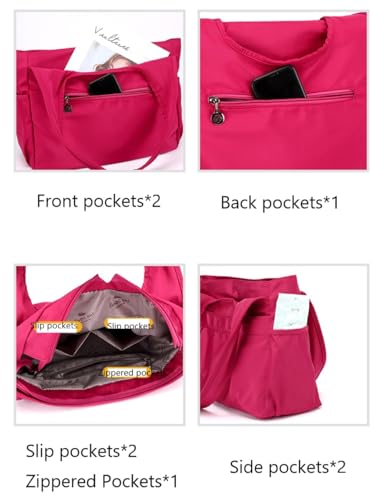 Tote Bag for Women Nylon Lightweight Large Handbag Purses Multi-pocket Shoulder Bag for Work Travel - color: Rose