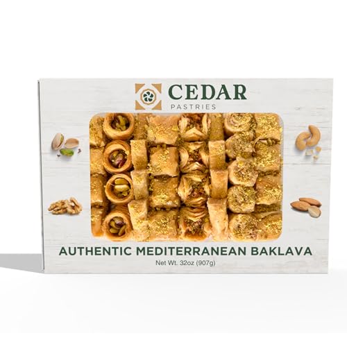 Cedar Pastries Mediterranean Baklava Assortment – 33 Pieces – Large Mediterranean Dessert Gift Box – Pistachio, Cashew & Walnut Phyllo Pastries – Gourmet Middle Eastern Sweets – Kosher & Halal Certified - size: 32 Ounce (Pack of 1)
