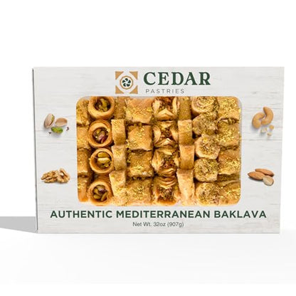 Cedar Pastries Mediterranean Baklava Assortment – 33 Pieces – Large Mediterranean Dessert Gift Box – Pistachio, Cashew & Walnut Phyllo Pastries – Gourmet Middle Eastern Sweets – Kosher & Halal Certified - size: 32 Ounce (Pack of 1)
