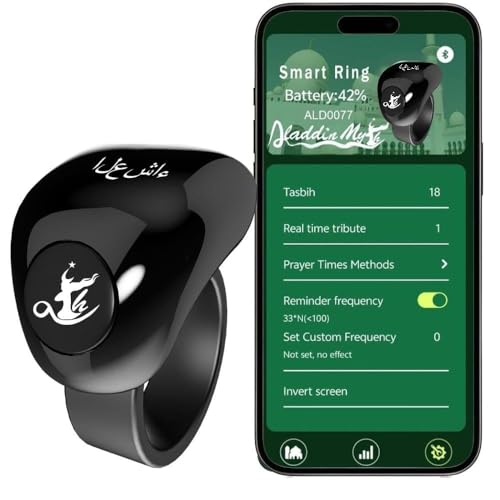 Aladdin Fashion Tasbih Smart Ring, Tasbeeh Counters, Prayer Direction Indicator Guide,5 Azan Alarm Clock,Forgiveness,Electronic Rosary,Eid al-Fitr Eid al-Adha Ramadan Gift for men women, Black 20-22mm - style: ABlack 20-22mm