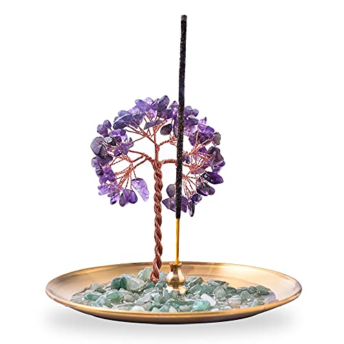 Incense Holder for Sticks, Healing Crystal Stone Money Tree Incense Burner, Ash Catcher for Yoga, Meditation and Home Decor - color: Purple