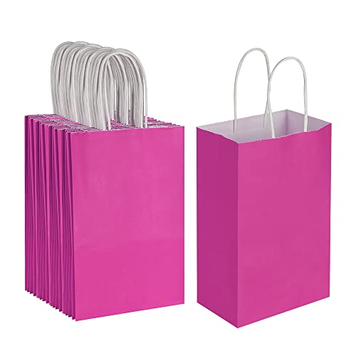 Oikss 50 Pack 5.25x3.25x8.25 Inch Small Hot Pink Kraft Paper Bags with Handles Bulk for Birthday Wedding Party Favors Grocery Retail Shopping Business Goody Craft Gift Bags Sacks (Fuchsia 50pcs Count) - color: Fuchsia