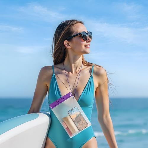 HEETA 5-Pack Clear Waterproof Dry Bag Pouch Document Holder for Phone Maps | Water Tight Case for Camera Document, Screen Touchable for Boating Kayaking Paddle Board Swimming Beach Waterpark Fishing - color: Purple