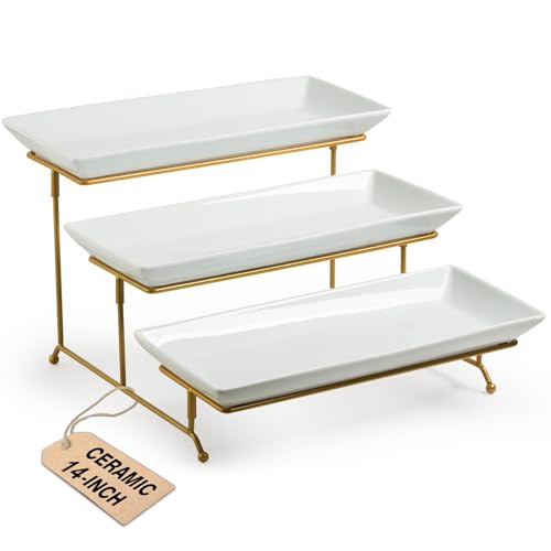 LAUCHUH Large 3 Tier Serving Stand Porcelain Tiered Serving Trays for Party - color: Gold, size: 14 inch