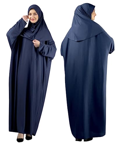 Women Prayer Clothes with Hijab Muslim Outfits Long Robe Abaya Turkish Islamic Dresses Dubai Kaftan with Rosary - color: Navy Blue