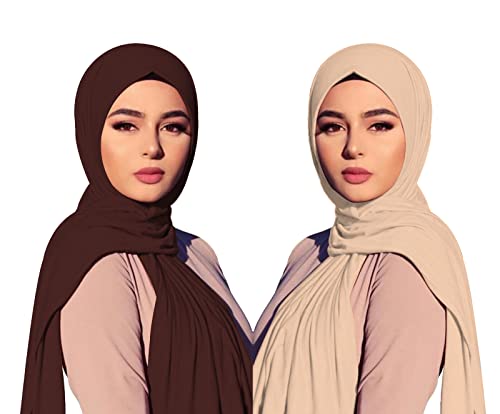 여성용 단색 저지 히잡 가볍고 부드러운 무슬림 헤드 스카프 롱 스카프 랩 스카프 2개 - color: 누드, 커피