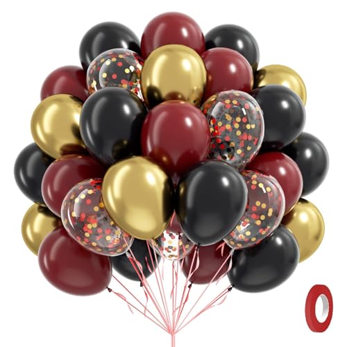 60pcs 12inch Black Burgundy and Gold Balloons, with Gold Red Black Confetti Balloons for Maroon Themed Birthday Baby Shower Graduation Party Decorations - color: Black Red Gold