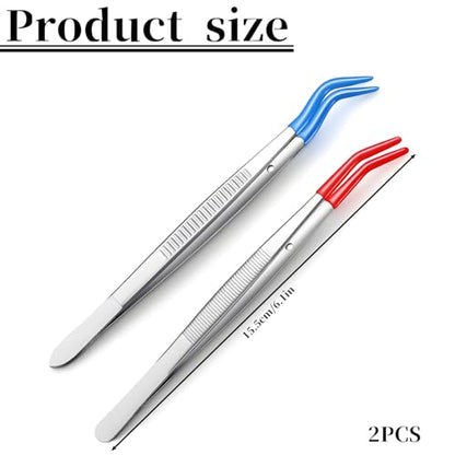 Rubber Tipped Curved Tweezers, 2 Pcs PVC Coated Craft Tweezers Stainless Steel Precision Tweezer Set for Crafts Stamps Coin Beads Jewelry Industrial Electronic Lab (Red, Blue)