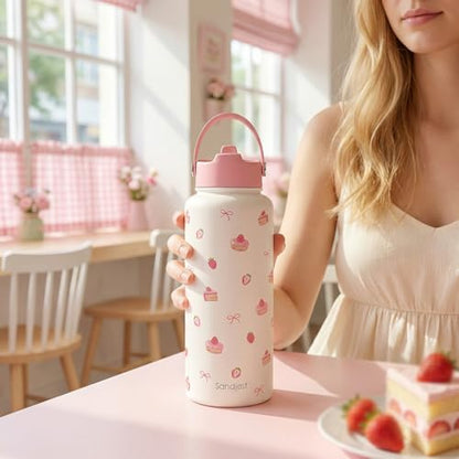 Strawberry Cakes Water Bottle Stainless Steel 32oz with Lid & Straw, Sweets Desserts Aesthetic Insulated Bottles Gifts for Baker Girls Friends Teens Birthday Christmas - color: Strawberry