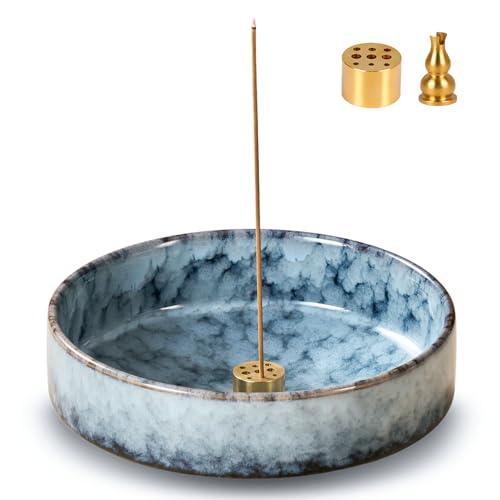 5.9" Ceramic Incense Holder with 10 Holes,5in1 Incense Tray for Sticks,Coil,Cone,Sage,Palo Santo,Handcrafted Burner Ash Catcher Smudge Bowl for Yoga Meditation Energy Cleansing Room Décor,Blue - color: Blue