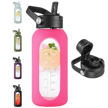 CIVAGO 32 oz Glass Water Bottle with Detachable Straw and Time Maker | Motivational Large Flask Cup with Handle, Leakproof Lids, Wide Mouth, Silicone Sleeve, Tumbler for Juice, Camelia - color: Camelia, size: 32 Ounces
