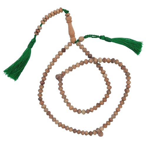 TheTasbih® Handmade Sandalwood 6mm Contoured Prayer Beads Tasbih Misbaha with Green Tassels