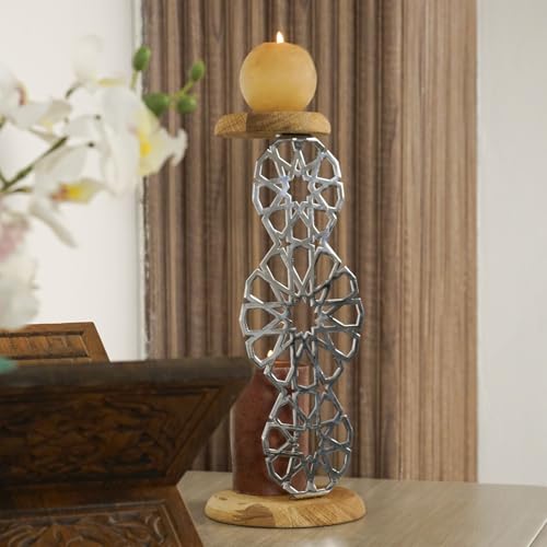 Metal Candle Holder Islamic Table Decor Muslim Home Decor Geometric Centerpiece Ramadan Decoration Eid Gift Shiny Silver 13.4" | 34 cm - color: Shiny Silver