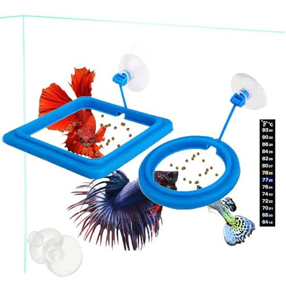 2 Pcs Fish Feeding Ring, Fish Safe Floating Food Feeder Circle Blue, with Suction Cup Aquarium, Square and Round Shape Fish Tank Towels - for Guppy, Betta, Goldfish, Etc. (Blue)¡­ - color: Blue suit