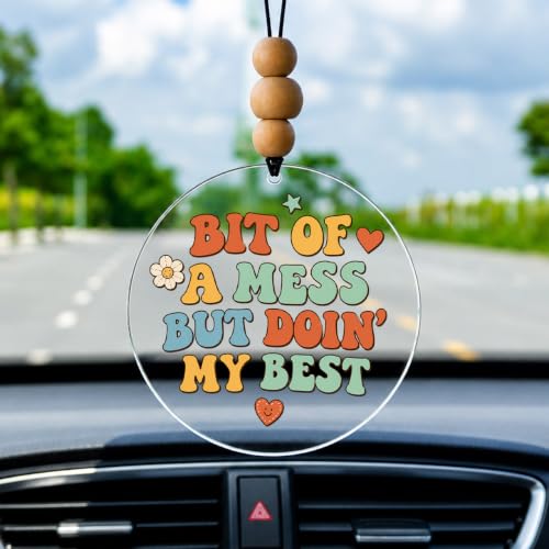 Talataca Bit of A Mess But Doin' My Best 2D Flat Car Ornament & Wood Beads, Inspirational Quote Beaded Rear View Mirror Accessories, Retro Rearview Hanging Charm, Christmas Tree Decor - color: 43