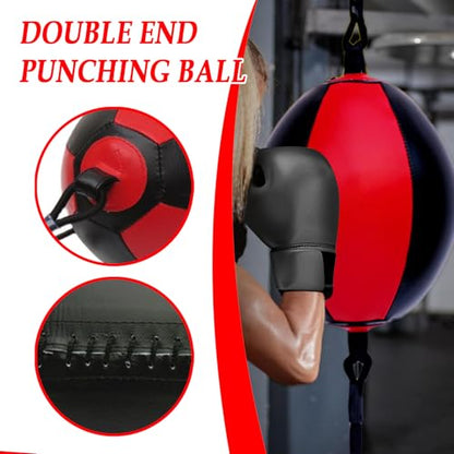 Reflex Boxing Ball, Punching Bag Set, Double End Feature Training Equipment, Pu Leather Ball with Carabiners and Headband, Speed and Reaction Hand Eye Exercise, Home Gym Use for Boxing 12x12 Inches - color: Red