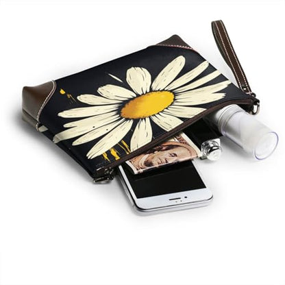 Leather Clutch Purse for Women, Large Capacity Wristlet Wallet with Removable Strap, Zip Handbag - color: Stylish Daisy
