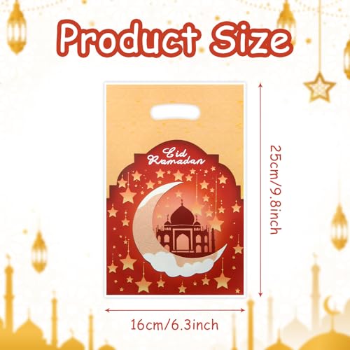 40pcs Eid Mubarak Favor Bags with Die Cut Handles, 4 designs - Muslim Mosque Moon Stars Lantern Print Goodie Candy Snack Plastic Gift Bags Pouch for Eid Al-fitr Islamic Diwali Ramadan Theme Party Favor