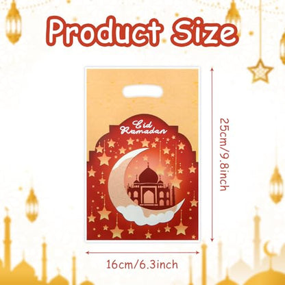 40pcs Eid Mubarak Favor Bags with Die Cut Handles, 4 designs - Muslim Mosque Moon Stars Lantern Print Goodie Candy Snack Plastic Gift Bags Pouch for Eid Al-fitr Islamic Diwali Ramadan Theme Party Favor
