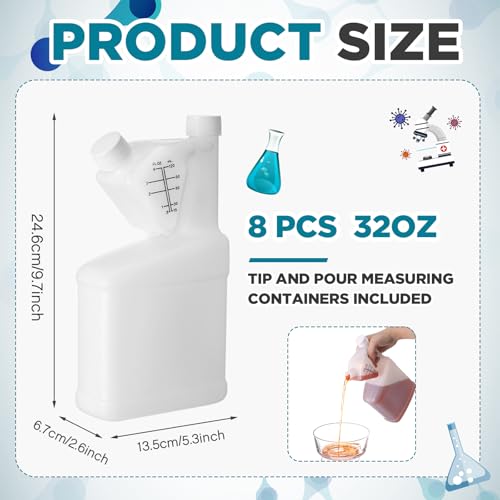 8 Pcs 32oz Tip Measure Containers Tip and Pour Measuring Containers HDPE Chemical Measuring Cups with Lids Plastic Bottle, up to 4oz Capacity (32oz)