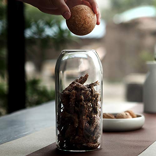 500ML/16Oz Clear Glass Storage Cute Canister Holder Ball Wood Cork Top, Modern Decorative Cylinder Container Jar with Round Lid for Coffee, Spice, Candy, Salt, Cookie Cool Terrarium Bottle - size: 500 mL