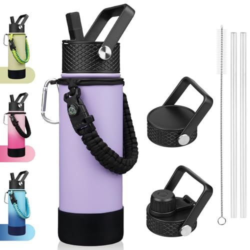 BJPKPK 22oz Insulated Water Bottle with 3 Lids, Straw Lid & Handle - color: Lavender, size: 22 Ounces