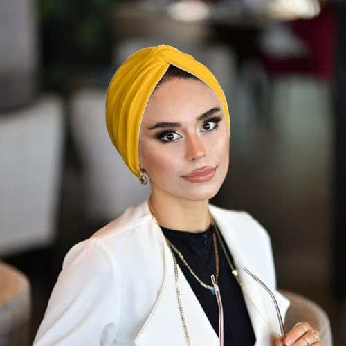 para life Knot Turbans for Women, Breathable Instant Turban|Standard Size Cotton|Pre-tied Scarf, Hijab Cap&Undercap - color: Mustard
