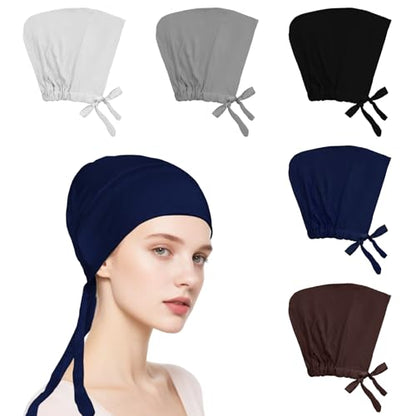 5Pcs Islamic Muslim Under Hijab Cap Inner UnderScarf for women Inner Under Scarf Hat Hijab Cap with Tie Back Closure - color: Black\blue\cafe\dark Grey\light Grey