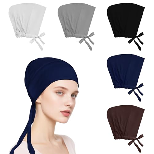 5Pcs Islamic Muslim Under Hijab Cap Inner UnderScarf for women Inner Under Scarf Hat Hijab Cap with Tie Back Closure - color: Black\blue\cafe\dark Grey\light Grey