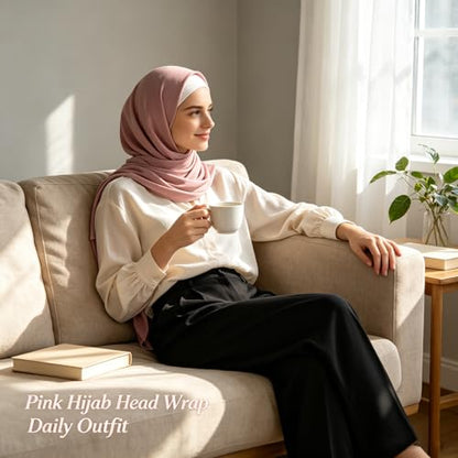 Hijab Scarf for Women, 3PCS Set with Undercap and Hijab Clip Lightweight Modal Muslim Head Wrap Scarf for Daily - color: Sy21-pink Hijab+white Undercap