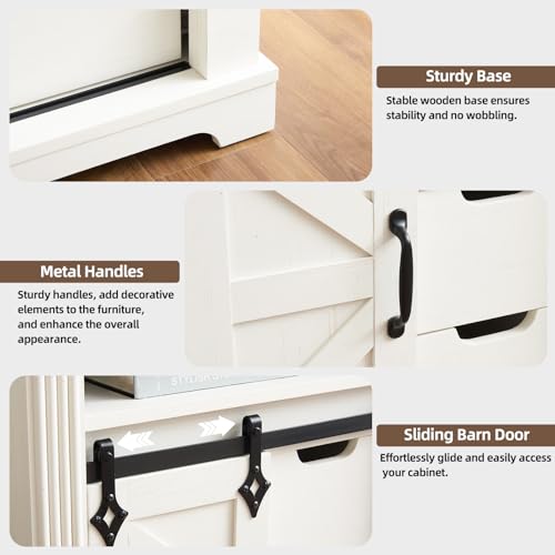 Minifeel Farmhouse Bathroom Cabinet, Freestanding Small Storage Cabinets with Barn Door and Three Drawers, Wooden Console Entryway Table with Roman Column for Kitchen, Living Room, laundry room, White