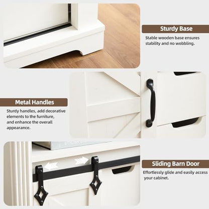 Minifeel Farmhouse Bathroom Cabinet, Freestanding Small Storage Cabinets with Barn Door and Three Drawers, Wooden Console Entryway Table with Roman Column for Kitchen, Living Room, laundry room, White