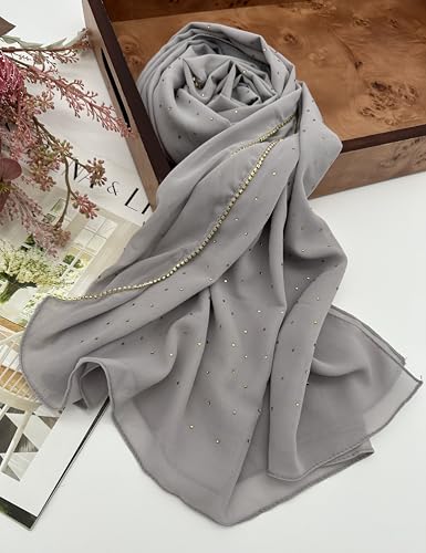 Hijab for Women Premium Chiffon Hijab Rhinestone Hijab Scraf for Women Muslim - color: Light Grey